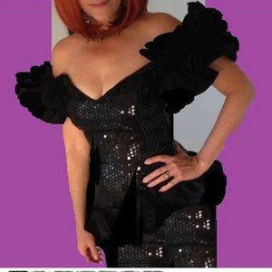 VINTAGE LILLIE RUBIN Mermaid Peplum Black Sequin Ruffle Party Dress Puff Sleeves